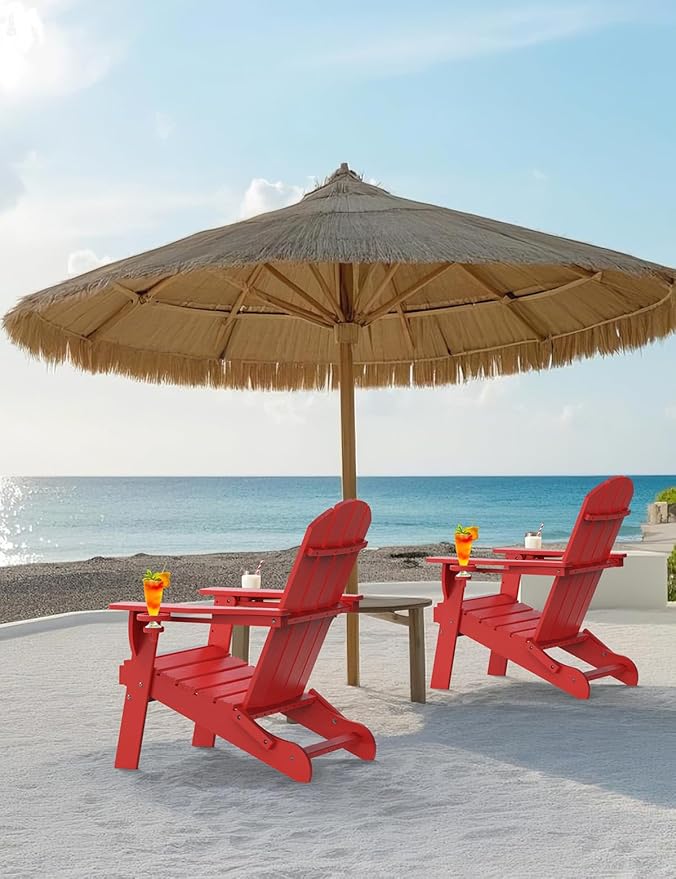 Folding Adirondack Chair, Wooden Textured Plastic Adirondack Chairs with 2 Cup Holder, Weather Resistant HDPE Fire Pit Chair, Outdoor Patio Chairs for Garden, Backyard, Lawn, Deck, 380LBS, Red