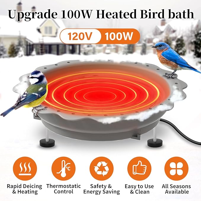 Heated Bird Bath for Outside Winter, Powerful 100W Thermostat Control Heated Bird Baths for Outdoors with 3 Metal Extension Screws, Heated Birdbath Water Heater for Garden Yard Patio Lawn(Grey)