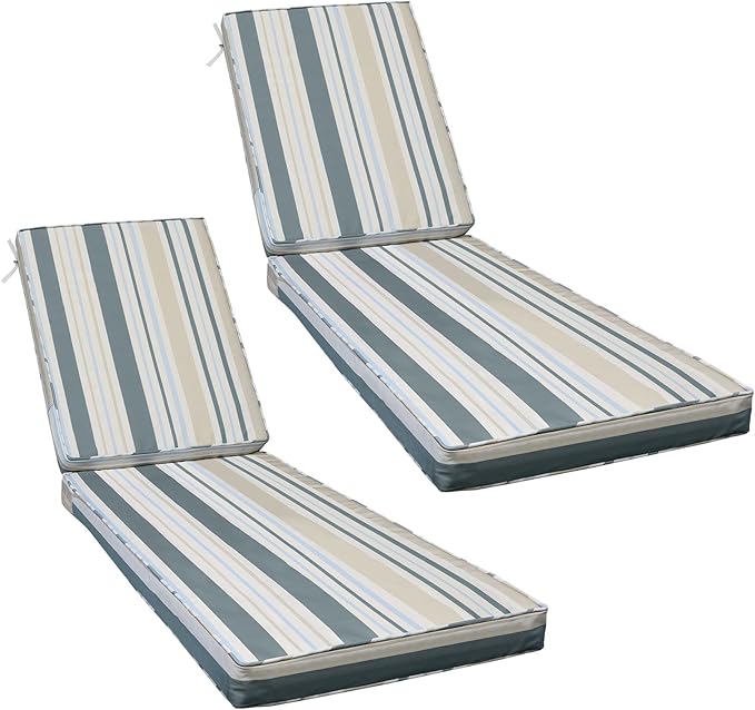 AAAAAcessories Outdoor Chaise Lounge Cushions, Fade-Resistant, Waterproof Patio Furniture Replacement Cushions, 74" x 23" x 3", Set of 2, Slate Gray Blue Coastal Stripe