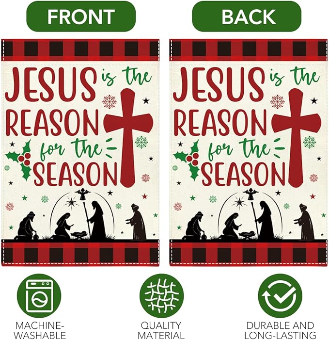 Jesus is the Reason for The Season Christmas Garden Flag Xmas Christian Nativity Winter Holiday Outside Outdoor Lawn Decorations Yard Flag Double Sided 12x18 Inch