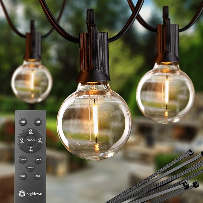 Brightown Outdoor String Lights with Remote and Zip Ties, 58Ft Dimmable Patio Lights with 25 Bulbs, Waterproof Hanging Lights for Porch Backyard Bistro Cafe Market