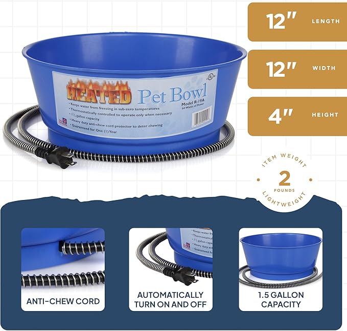 Farm Innovators 1.5 Gallon 60 Watt Electric Heated Pet Water Bowl with Thermostatic Control and Anti Chew Cord Protector, Blue (2 Pack)