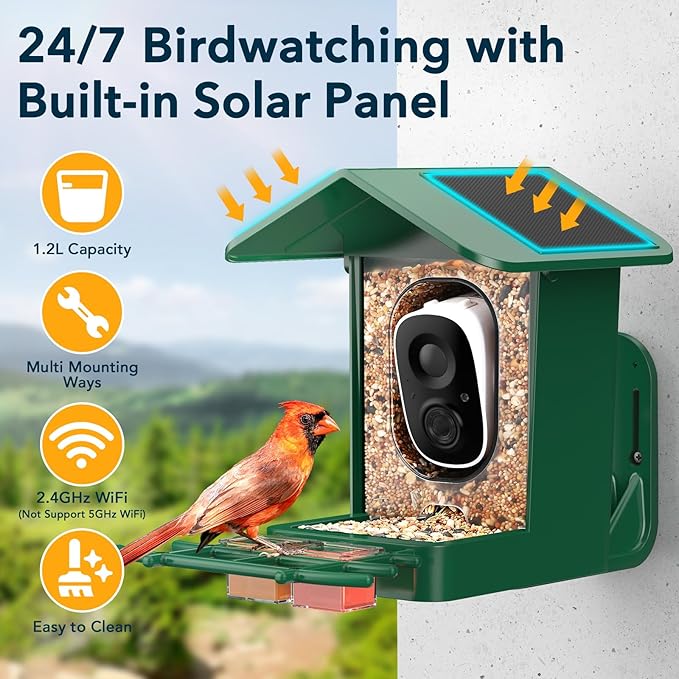 Bird Feeder with Camera Solar Powered, AI Identify & Auto Capture with 32GB Card, 2K HD Live Video Smart Bird Feeder Camera Instant Notifications in Backyard, Gift for Bird Lovers