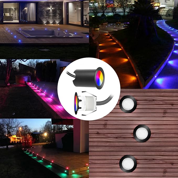 Recessed LED Deck Lights Kits with Protecting Shell,10Pack Φ1.18 IP67 Waterproof 12V Low Voltage Embedded Step Stair RGB Outdoor Landscape LED Lighting for Yard,Garden,Floor,Entryways