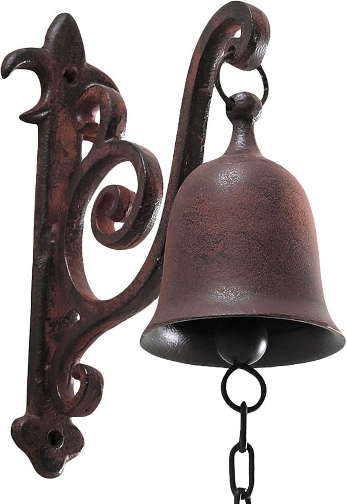 Vintage Cast Iron Dinner Bell as Entry Door Bell, Outside Hanging Decor or Indoor Decoration Wall Antique Farm and Front Gate Bell, Brown