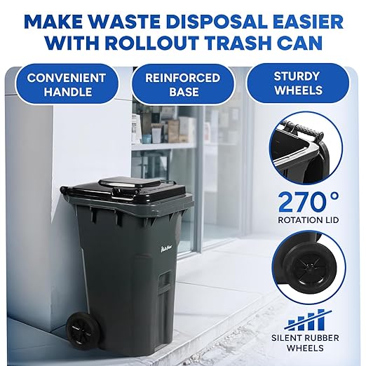 27 Gallon Outdoor Trash Can with Lid and Wheels Small Wheeled Outdoor Garbage Cans Storage Outside Heavy-Duty Rolling Trash Bin for Home Office Commercial Use, Plastic Gray 2 Pack