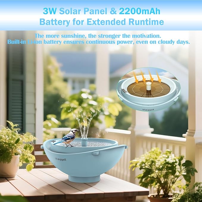 Sheggell Smart Bird Bath, 2L Large Capacity with Water Circulating Filtration, Solar Bird Bath with 3 Fountain Modes, Hanging & Freestanding Design, IPX6 Waterproof, Birdbath for Yard