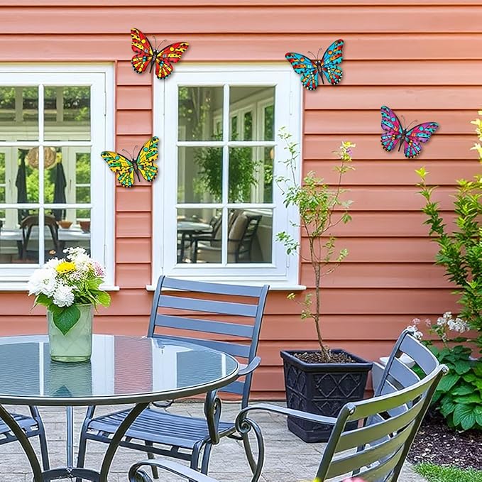 Metal Butterfly Wall Decor - 9.6" Outdoor Fence Wall Art Decor, Hanging Decoration for Garden Yard Living Room Bedroom Patio Balcony(4 Pack)