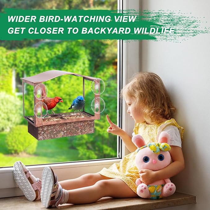 Lilyang Window Bird Feeder, Metal Bird Feeder Window with Wide View, Window Bird Feeders with Strong Suction Cups, Wild Bird Feeders for Bird Watching Presents