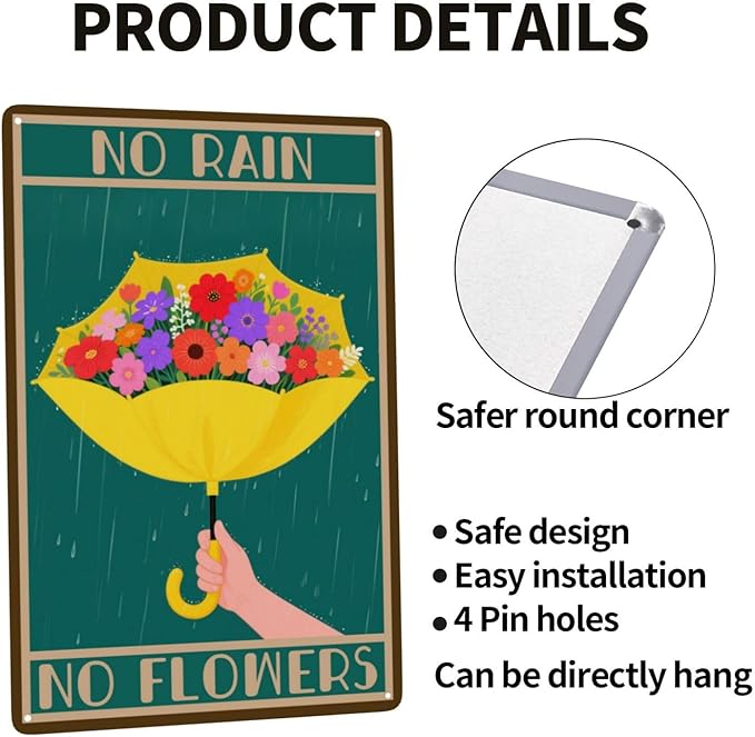 No Rain No Flowers Umbrella Man Cave Vintage Metal Tin Sign Retro Rustproof Funny Art Wall Decor Gift 8x12 Inch