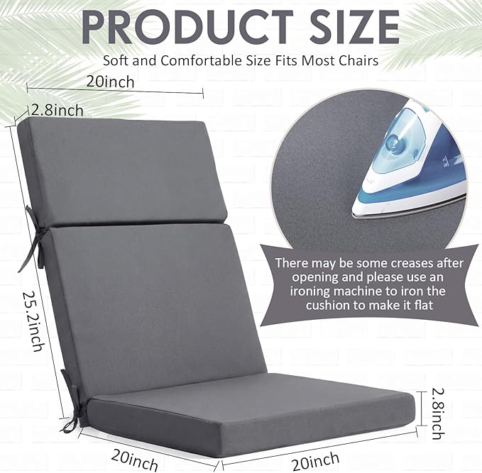 4 Pack Outdoor High Back Chair Cushion, 44 x 20 inches Patio Chair Cushions Waterproof Rocking Cushions Indoor Furniture Seat Pad, Weather Resistant (Solid,Dark Grey)