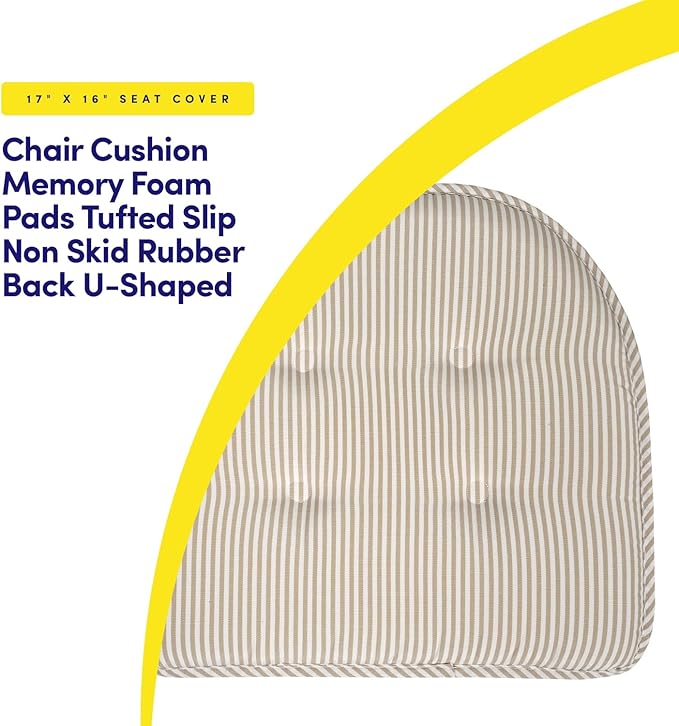 Sweet Home Collection Chair Cushion Memory Foam Pads Tufted Slip Non Skid Rubber Back U-Shaped 17" x 16" Seat Cover, 2 Count (Pack of 1), Pinstripe Taupe