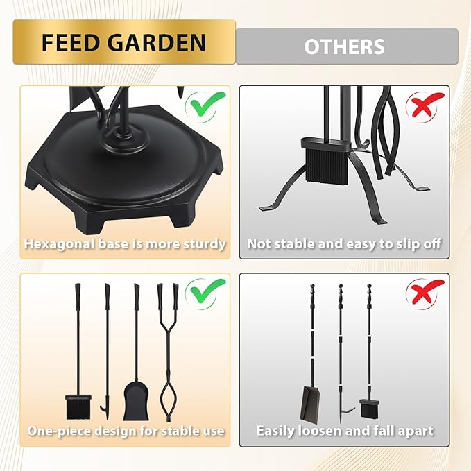 FEED GARDEN Fireplace Tools Set 5 Pieces Modern 32 Inch Outdoor Wrought Iron Fireplace Accessories Set with Log Holder Poker, Tong, Shovel, Brush, Base, Black