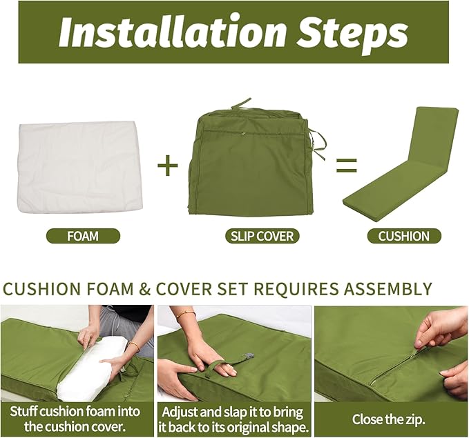 Outdoor Chaise Lounge Cushions for Patio, 71"x22"x3" Lounge Chair Cushions, Waterproof Replacement Seat Pads for Outdoor Furniture (Green, 1 Pcs)