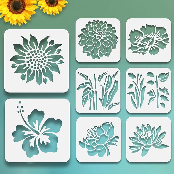 8 Pc Large Flower Stencils for Painting, Reusable Sunflower Floral Stencil for Garden Fence, DIY Decoration Hibiscus Flower for Painting On Wood Furniture, Home Decoration (A)