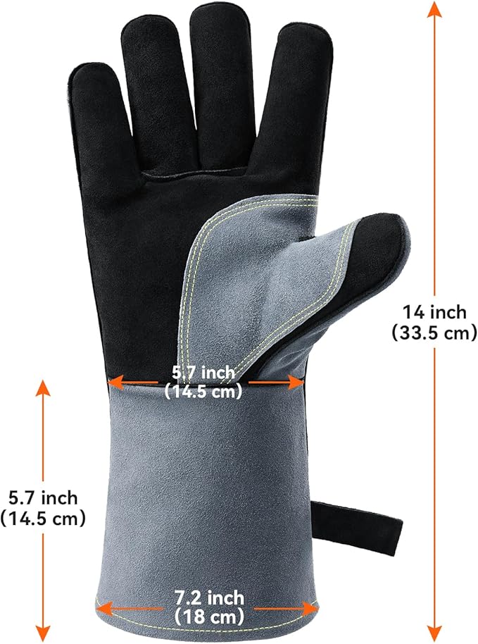 OZERO Welding Gloves for Men, 14-Inch Cowhide Leather Heat Resistant Work Gloves, EN388 EN407 EN12477 Type A Certified, Reinforced Palm, Insulated Lining, Long Cuff for BBQ Grill Oven, Gray