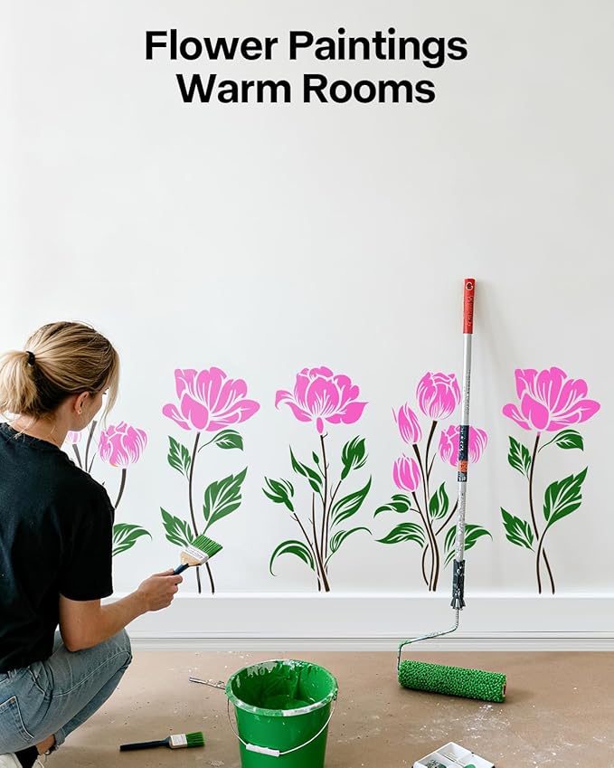 10"x14" Large Flower Stencils for Painting on Walls, Reusable 3PCS Flower Stencil for Garden Fence, Floral Stencil Kit for Wood Fabrics Furniture