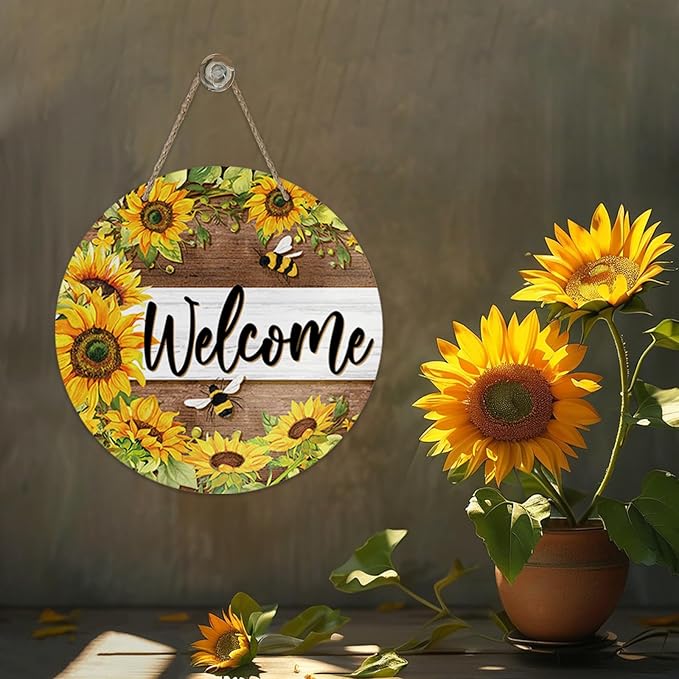 Welcome Spring Summer Sunflower Front Door Sign, Flower Bumble Bee Wood Door Hanger Outdoor Outside Porch Decor, Floral Honey Farmhouse Wooden Wreath Indoor Wall Hanging Decoration