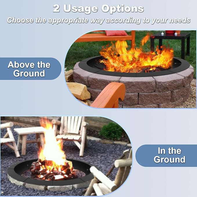 Round Outdoor Fire Pit Ring Insert 36-Inch Inner 40-Inch Outer Diameter, Heavy Duty Metal Steel DIY Firepit Liner Campfire Rings for Outside Wood Burning Above or In-Ground, Black