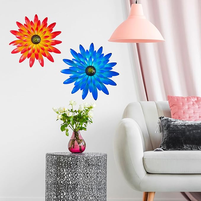 2PCS Metal Flower Wall Decorations - 12 Inch, Orange and Blue, Metal Flower Wall Art Garden Decor Hanging for Indoor and Outdoor