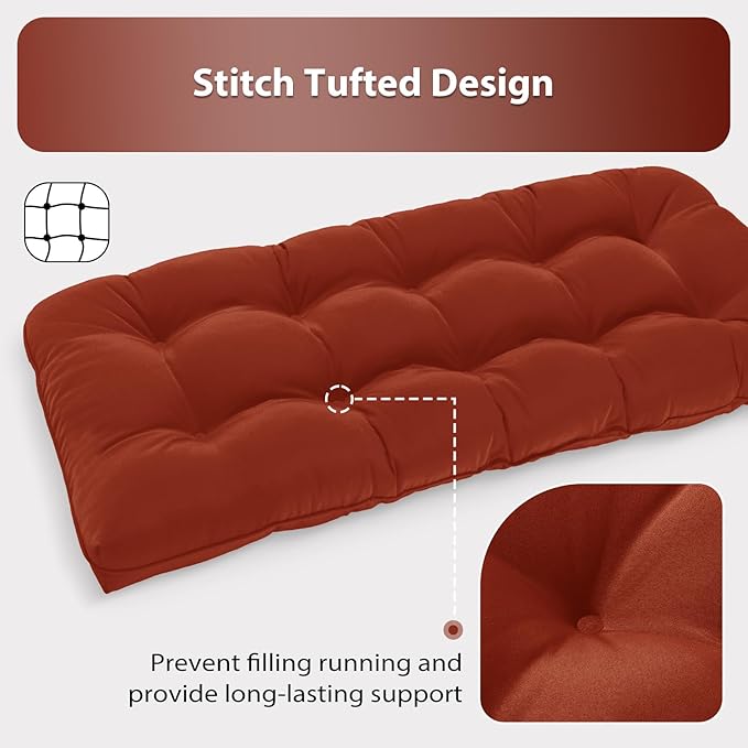 Tufted Bench Cushions for Outdoor Furniture, 44" x 19" Porch Swing Cushions Filled with Foam, Overstuffed Patio Cushions for Bench Loveseat with 2-3 Seats,Thick and Water Resistant, Brick Red