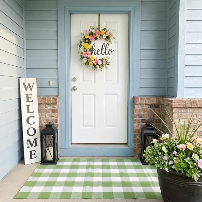 SEEKSEE Cotton Buffalo Plaid Rug 3'x5' Grass Green and White Checked Rug Washable Doormats Indoor Outdoor Rugs for Layered Front Door Mats, Porch, Kitchen, Farmhouse, Entryway