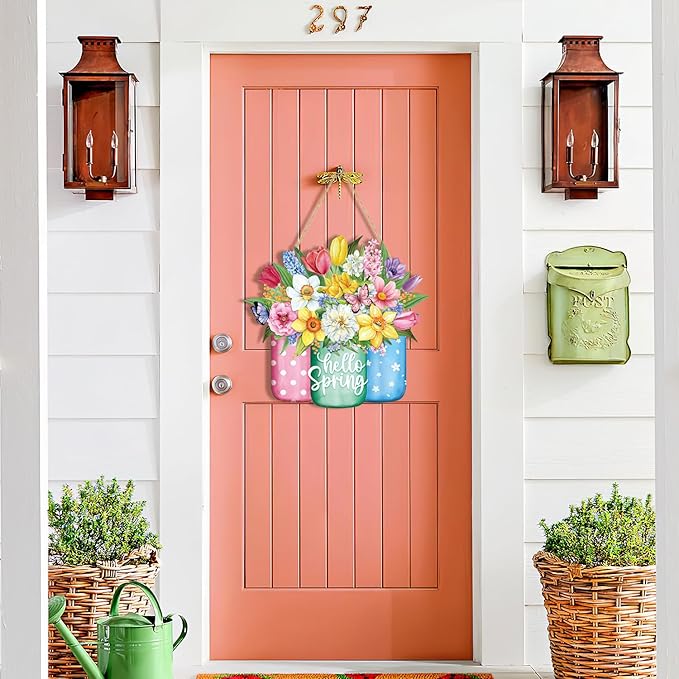 Spring Wreath for Front Door Sign Wall Signs Decoration,Flower Wreath Sign Hello Spring Welcome Hanging for Home Wall Decor Party Outdoor Indoor Supply Easter Decoration