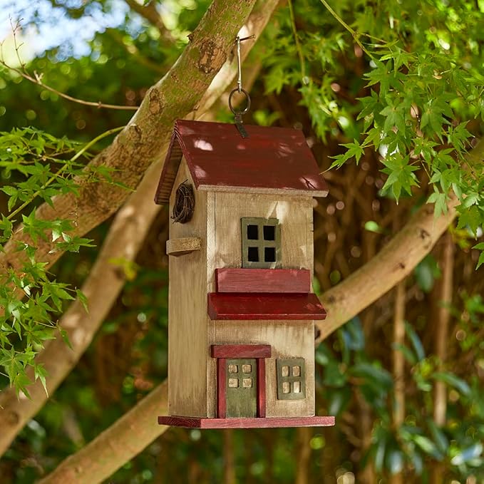 Glitzhome Bird Houses for Outdoor, Solid Wood Bluebird House for Outside, 14.25" H Rustic Distressed Hand Painted Decorative Birdhouse Nest Box Hanging Birdhouses for Patio Garden