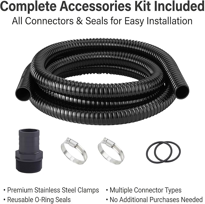 Corrugated Pond Tubing - Flexible, Kinkproof, Reinforced PVC Hose for Water Gardens, Pumps, Waterfalls & Aquaculture (10 Feet Black, 1-1/4 Inch)