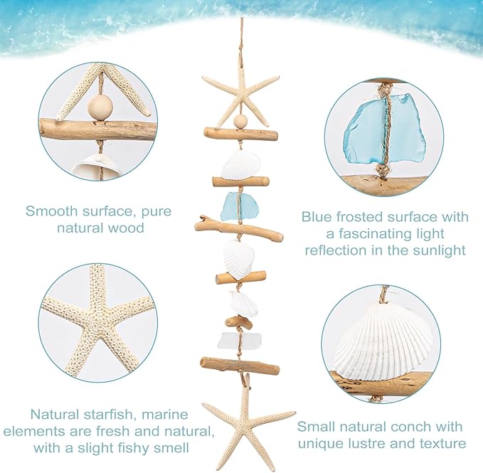 JQAQJU Wooden Driftwood Wall Decor, Starfish Bathroom Decor with Sea Shells, Driftwood Beach Room Decor for Home Indoor Outdoor, Coastal Wall Art for Living Room, Bedroom and Dining Room Blue