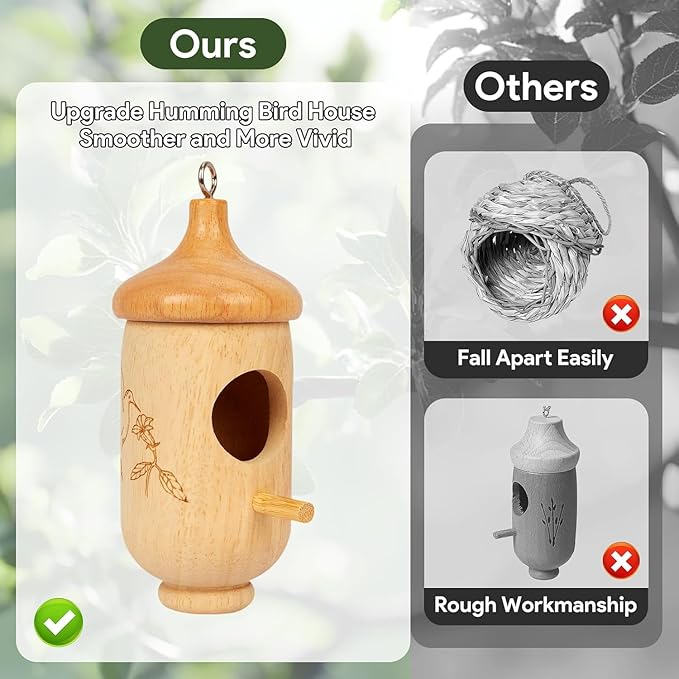 Hummingbird House, Small Hummingbird Houses for Outside, Wooden Bird House with Bow, String, Cute Gardening Gifts Home Decoration