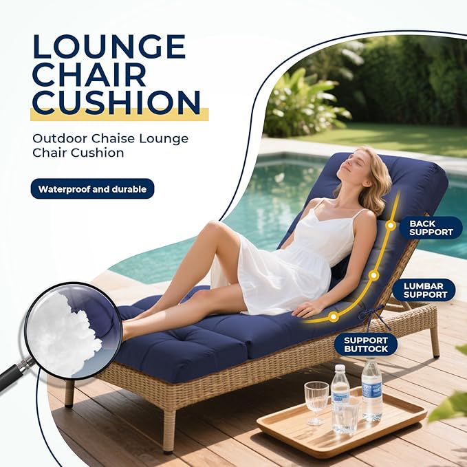 Outdoor Chaise Lounge Chair Cushion Waterproof 74.4 x 22 x 4.7 Inches Lounge Chair Cushions Replacement for Outdoor Furniture with Ties and Pocket, Thickened Pool Lounge Chair Cushions, Blue