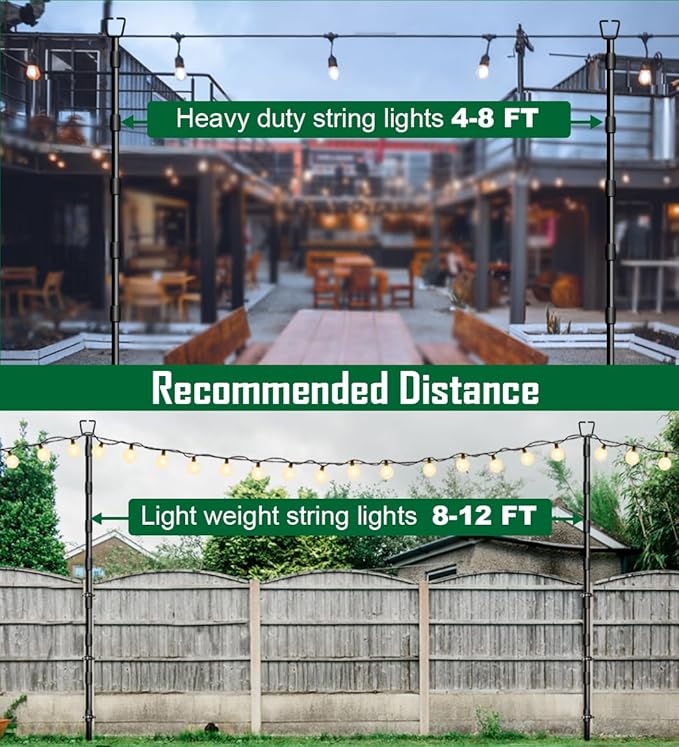 10Ft String Light Poles for Outside - 2 Pack Adjustable Metal Poles for Outdoor String Lights, Rustproof & Sturdy Light Stand Posts for Patio, Backyard, Deck, Garden, Party Decorations