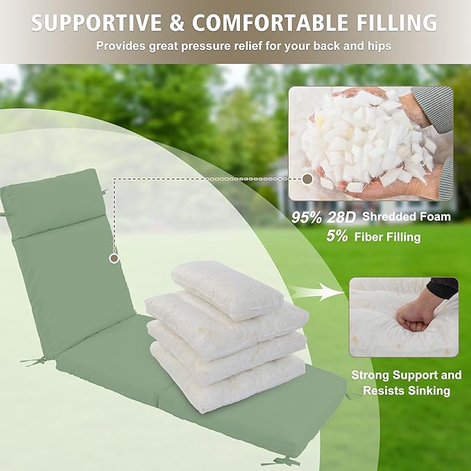 Chaise Lounge Cushion 72x21x3 Inch ?Set of 4 Outdoor Lounge Chair Cushions, Lounger Pad Replacement with Fade-Resistant, Removable & Machine-Washable Covers, Ideal for Patio Chaise Chairs, Sage Green