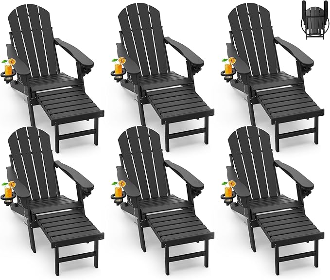 GREENVINES Adirondack-Chairs-with-Ottoman | Set of 6 | Folding | Retractable-Footrest | HDPE Plastic | All Weather Fire Pit Chair | Cup Holders | Black | for Outdoor Poolside