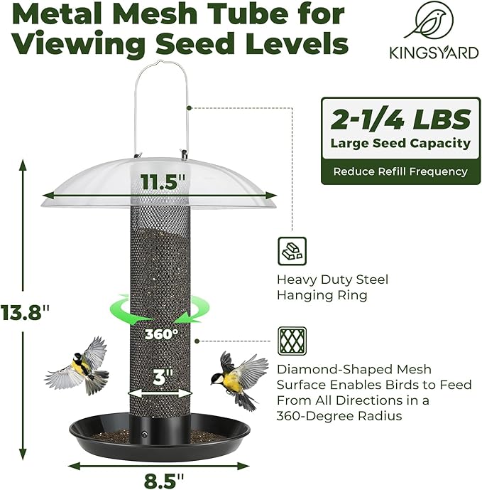 Kingsyard Finch Bird Feeder for Outdoors Hanging, Metal Mesh Tube Bird Feeders for Thistle & Nyjer Seed, Large Removable Tray & Rainproof Dome, 2.5 lbs Seed Capacity, Black