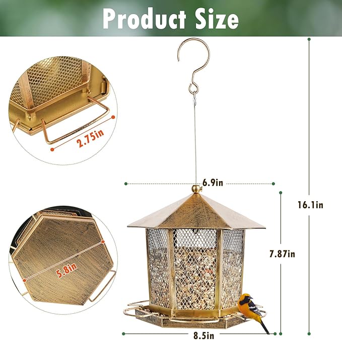 Wild Birds Feeder, Finch Bird Feeder for Outdoors, Metal Hexagonal Gazebo Birdfeeder for Garden Patio Outside Hanging