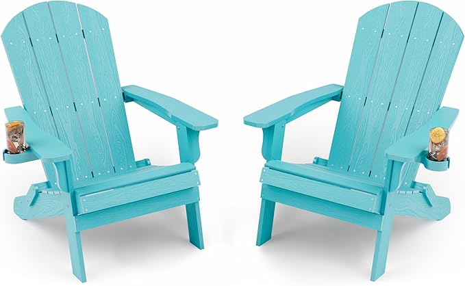 YEFU Adirondack Chair Set of 2, Folding Oversized Plastic Adirondack Chair with Cup Holder, Lawn Chair with Weather Resistant for Outdoor Deck Garden, Weight Capacity Up to 400 Lbs–Aruba