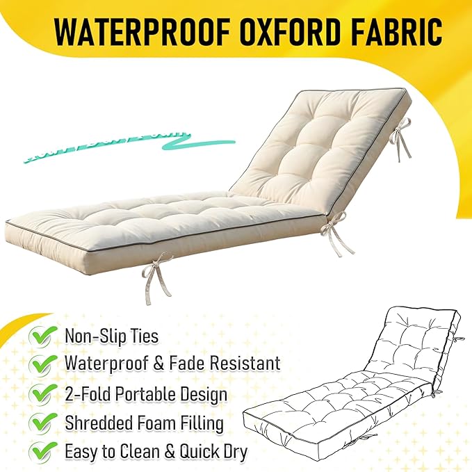 2 Pack 72x21 Inch Folding Chaise Lounge Cushion Quick Dry - Outdoor Sun Lounger Seat Pad with Shredded Foam for Patio Furniture, Deck Chairs, Poolside (Cream, 72 INCH × 21 INCH-2 Pack)