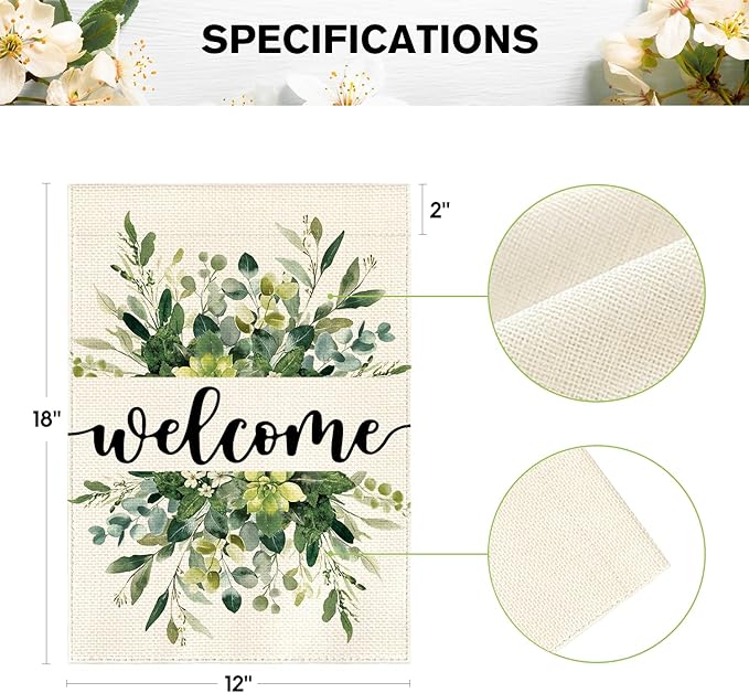 AVOIN colorlife Spring Summer Floral Welcome Garden Flag 12x18 Inch Double Sided Outside, Eucalyptus Seasonal Farmhouse Yard Outdoor Flag