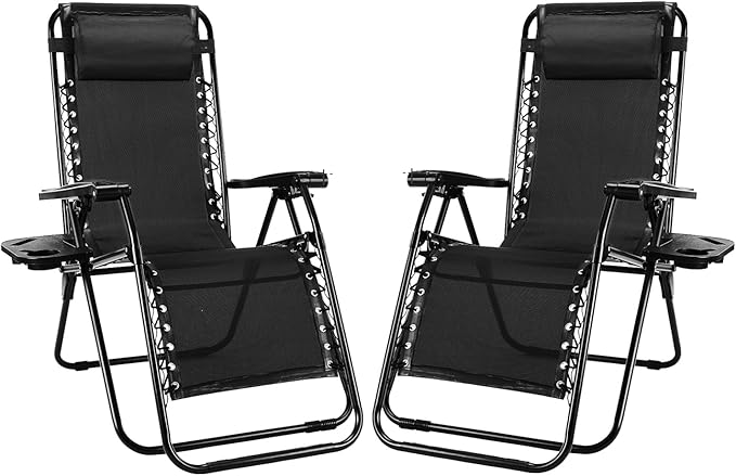NEWBULIG Zero Gravity Chair Set of 2, Lounge Chair Folding Portable Adjustable Camping Reclining Chairs with Adjustable Pollow, Mesh Back, Cup Holder Trays Lawn Patio Chair for Pool Beach - Black