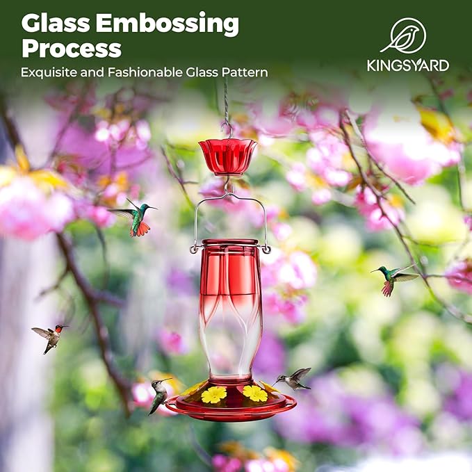 Kingsyard Glass Hummingbird Feeders for Outdoors Hanging, 6 Feeding Ports, 16 Ounces Bird Nectar Feeder, Rustproof Leakproof, Easy to Refill & Clean, Garden Backyard Decor, Ant Moat Included, Red