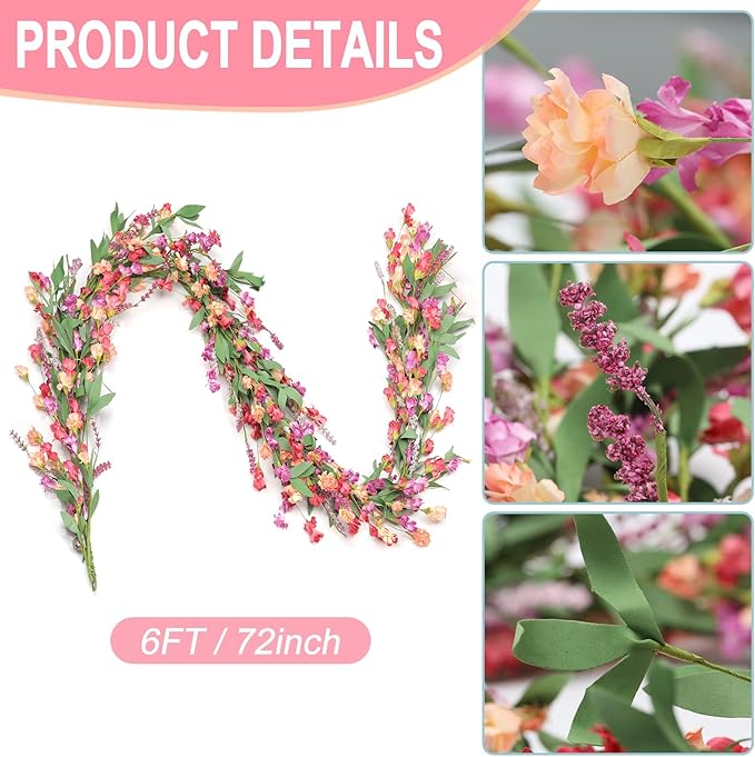 Artgar Flower Garland 6Ft Spring/Summer Garland Floral Garlands for Mantle All Year Round Paper Garlands Decor for Indoor Outdoor Home Wedding Arch Porch Stair Year Round Decor (Red&Orange&Purple)