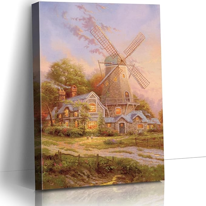 STUDIO HAVEN Thomas Kinkade Canvas Wall Art, Stone Country Home Glowing Windows Lush Gardens Oil Painting Fairytale Poster Charming Rural Wall Decor, Framed Prints for Home Decor, 16x24Inch