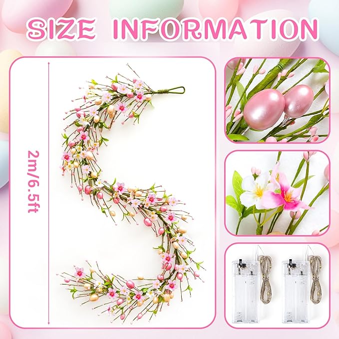 6 Ft Artificial Easter Garland Easter Pink Egg Flower Berry Garland Decorations Spring Flower Garlands with Pastel Eggs and Mixed Twigs for Fireplace Mantel Indoor Outdoor Home Party Door Wall Decor