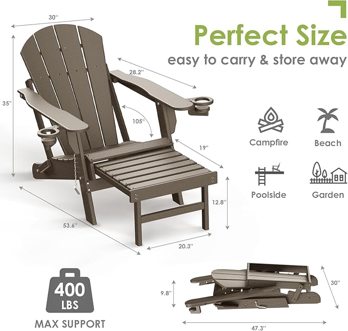 GREENVINES Adirondack-Chairs-with-Ottoman | Set of 4 | Wood Grain | Folding | Retractable-Footrest | HDPE Plastic | All Weather Fire Pit Chair | Cup Holders | for Outdoor Poolside