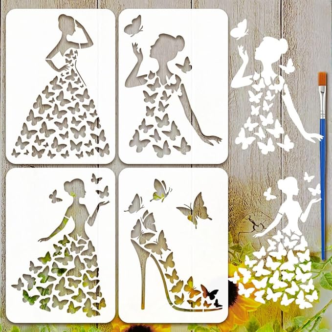 FINGERINSPIRE 4PCS Butterfly Female Painting Stencil with Plastic Brush 8.3x11.7inch Woman Silhouette Drawing Template Butterfly Dress High Heel Stencil Fantasy Theme Template for Painting on Wood