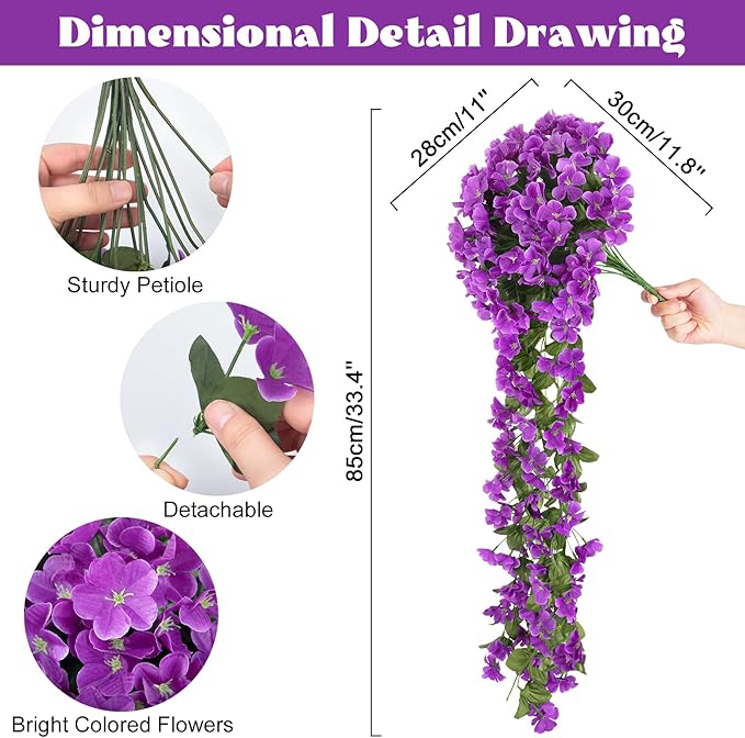 Ouddy Decor 4 Pcs Artificial Hanging Flowers Fake Hanging Plants Violet Flowers Vine Garland for Home Indoor Outdoor Garden Patio Yard Room Porch Wedding Decoration, Purple