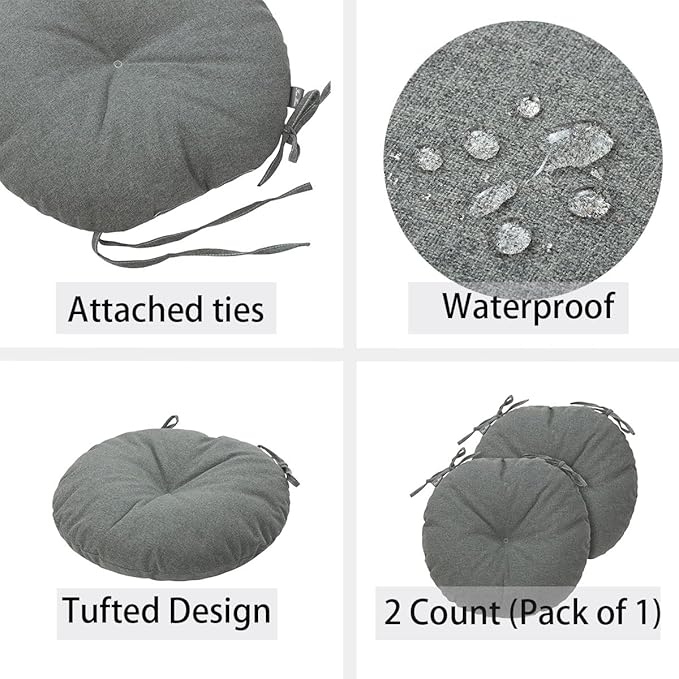 Bistro Chair Cushions 15 inch,Set of 2,Tufted Round Chair Cushions with Ties,15"x15"x4",Water Resistant Round Seat Cushion for Barstool Chairs,Patio Garden Kitchen Outdoor Furniture(Dark Gray)
