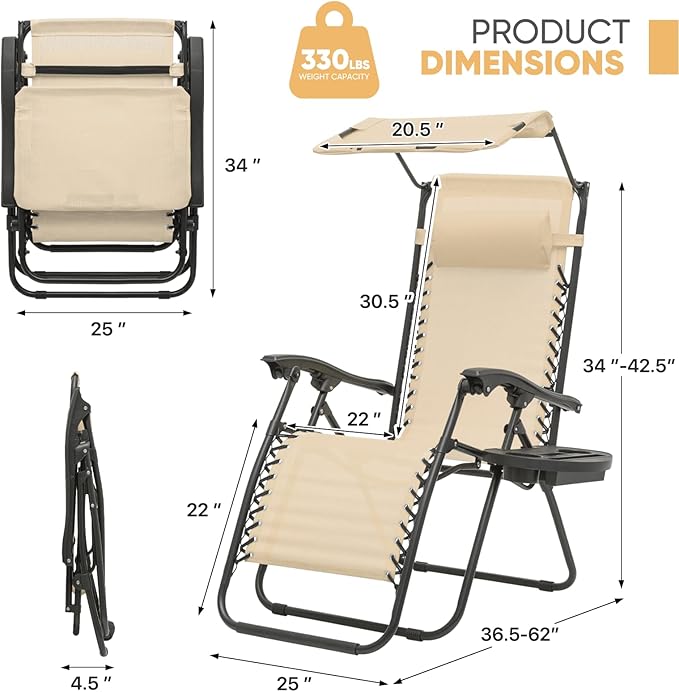 Magshion Zero Gravity Lounge Chair with Canopy, Outdoor Foldable Patio Reclining Chair with Side Tray, Adjustable Anti-Gravity Recliner with Pillow Headrest, Lounger for Lawn Camping Beach